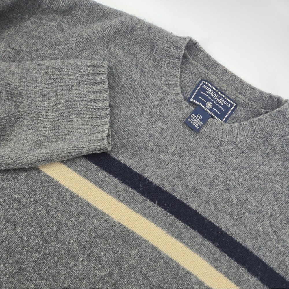 American Eagle Men Lambswool Sweater XL Striped Grey Classic Old Money Heritage